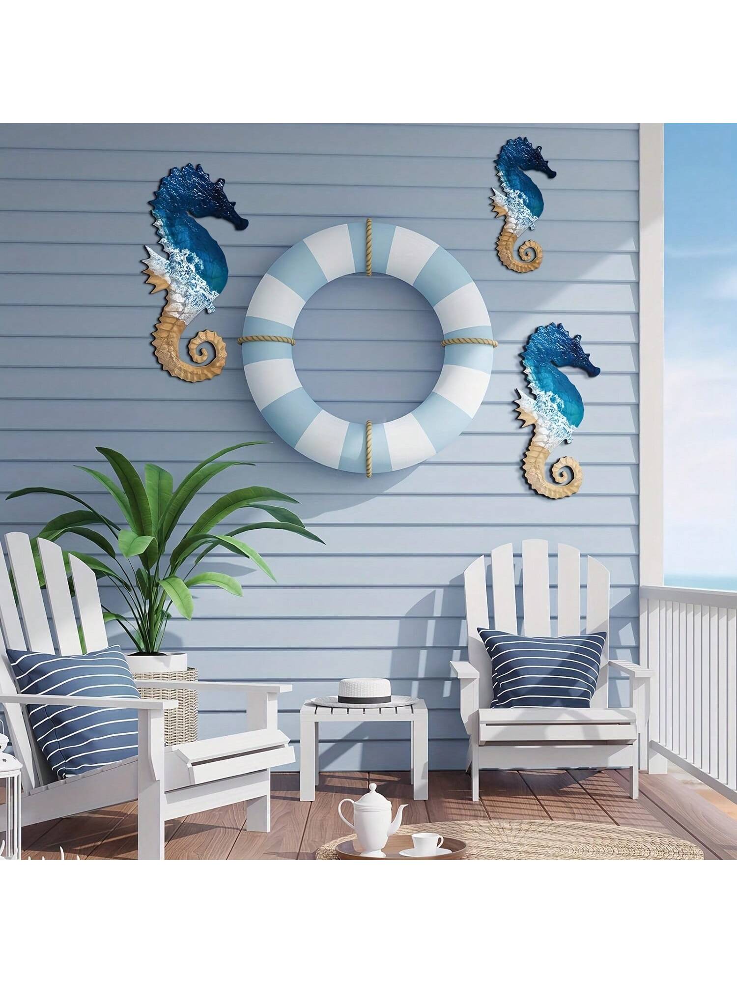 Enhance your wall decor with our Seahorse Serenity: 3 Piece Mediterranean Style Set. Crafted with intricate details, these seahorse designs will bring a touch of underwater charm to any room. Made with high-quality materials, these wall decorations are durable and long-lasting. Perfect for adding a coastal vibe to your home, office, or beach-house.