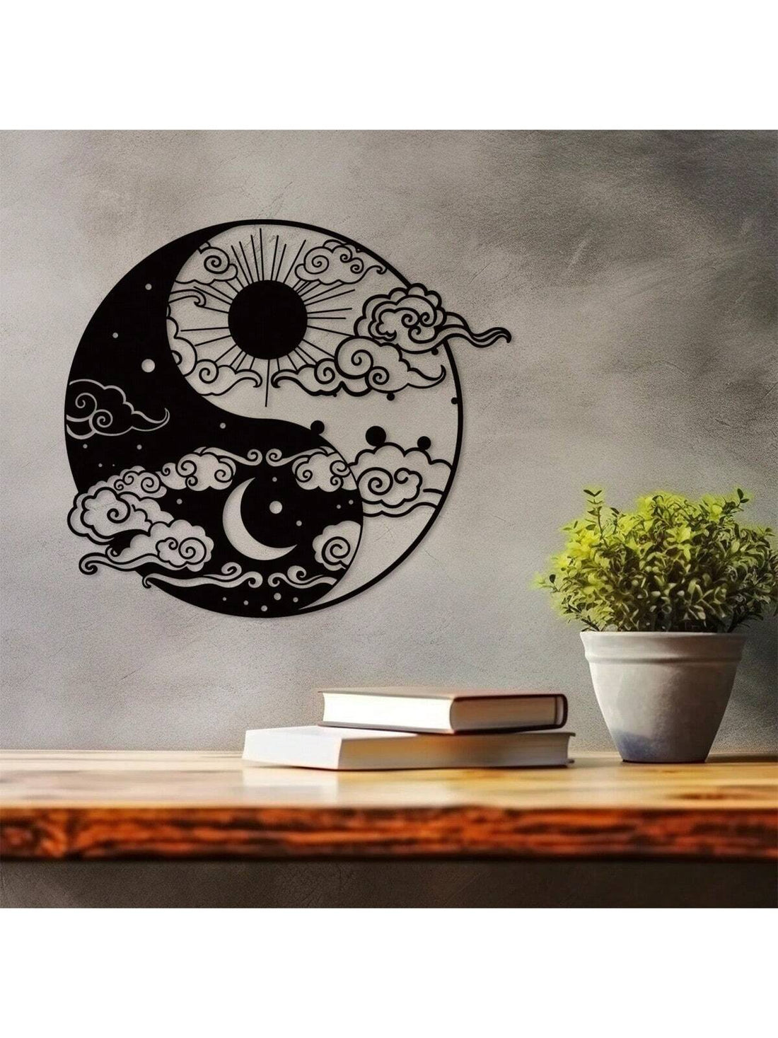 Bring peace and balance to your yoga room with Serene Harmony: Sun &amp; Moon Metal Wall Art. Featuring intricate designs of the sun and moon, this piece adds a touch of tranquility to any space. Made with durable metal, it's a perfect addition to your mindful practice.