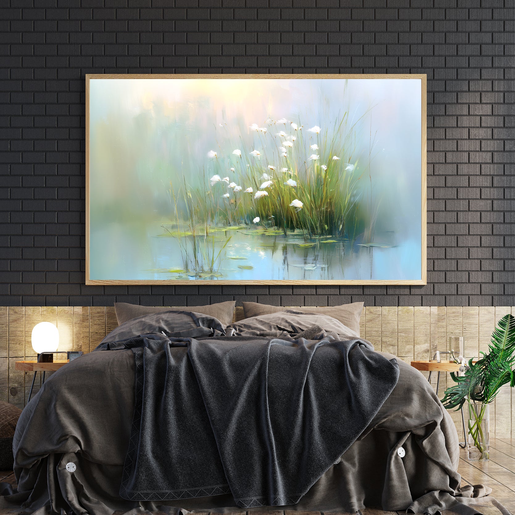 Bring tranquility into your space with this captivating canvas wall art featuring a serene lakeside landscape adorned with delicate white flowers. The soft, naturalistic composition creates a calming focal point perfect for living rooms, bedrooms, or any area needing visual respite. High-quality canvas construction ensures durability and vibrant color retention, while the versatile nature-inspired design complements both contemporary and traditional interiors.