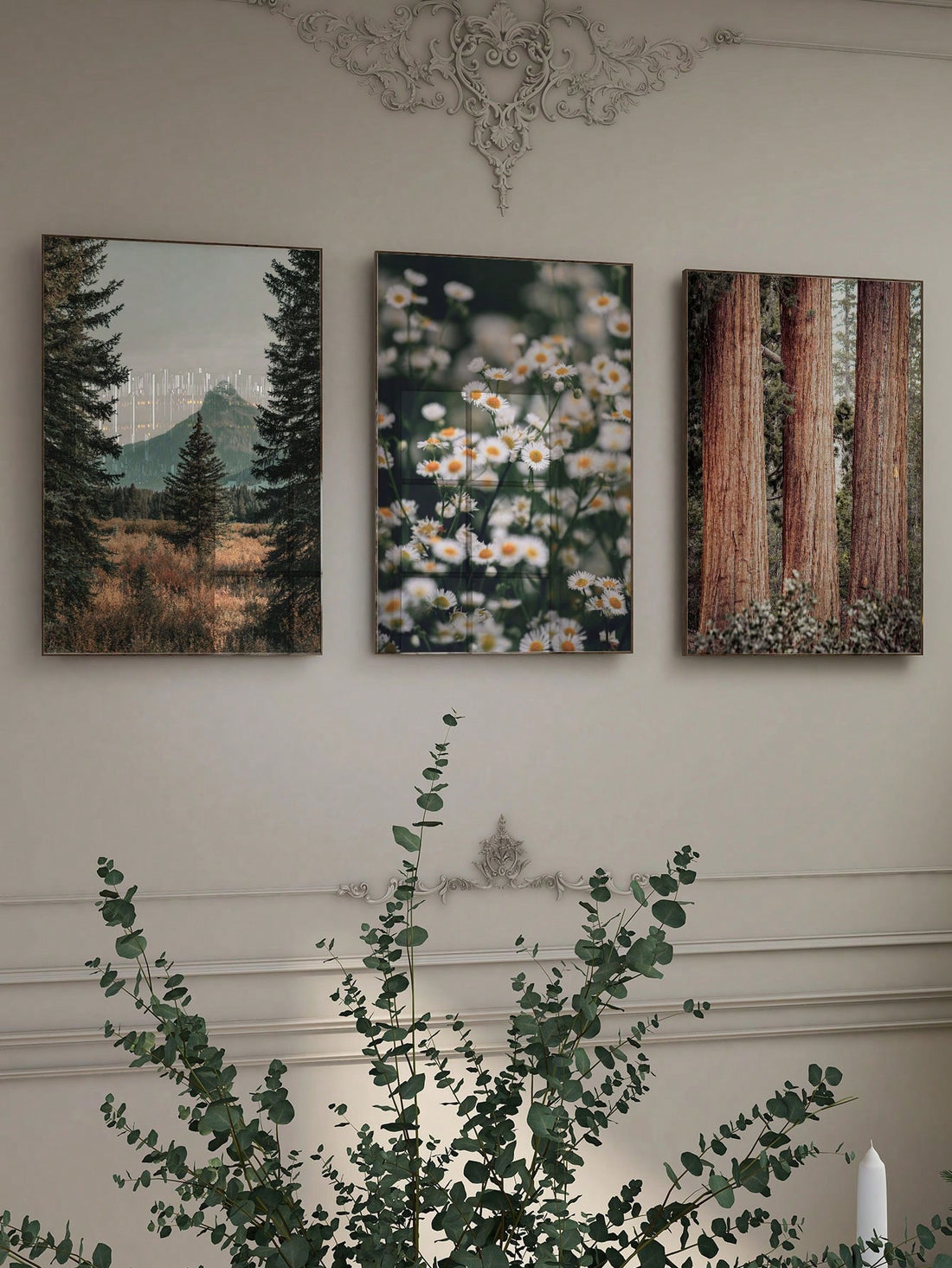 Experience the calming beauty of nature with our Serene Nature Escape Triptych canvas. Featuring a vintage design of white chamomile and a picturesque mountain forest, this piece will bring a peaceful atmosphere to any room. Transform your space into a tranquil retreat with this stunning artwork.