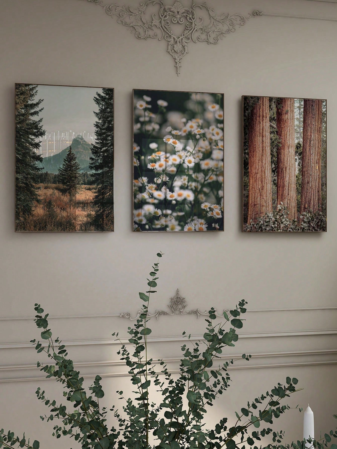 Experience the calming beauty of nature with our Serene Nature Escape Triptych canvas. Featuring a vintage design of white chamomile and a picturesque mountain forest, this piece will bring a peaceful atmosphere to any room. Transform your space into a tranquil retreat with this stunning artwork.