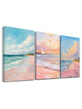 3-piece pastel coastal canvas wall art set with beach ocean waves sailboat clouds and pink sand