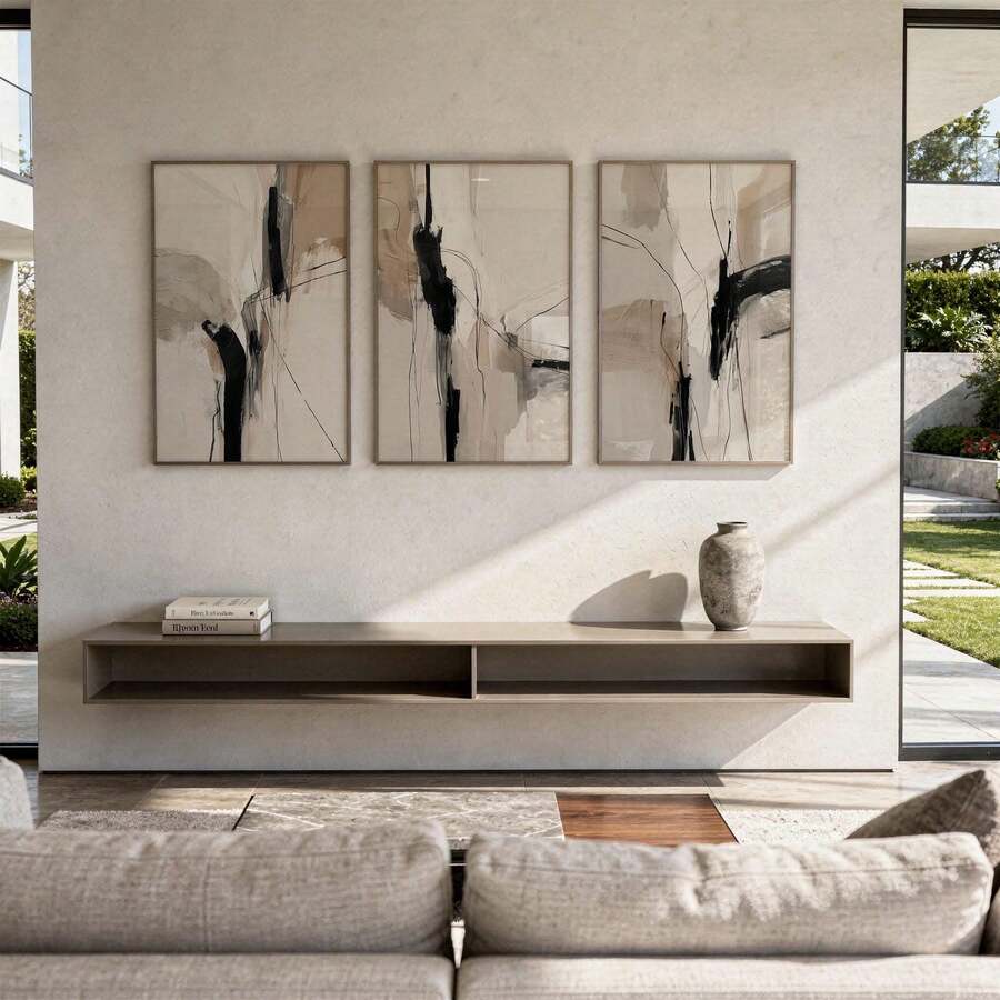 Neutral abstract triptych with black brush strokes and taupe layers