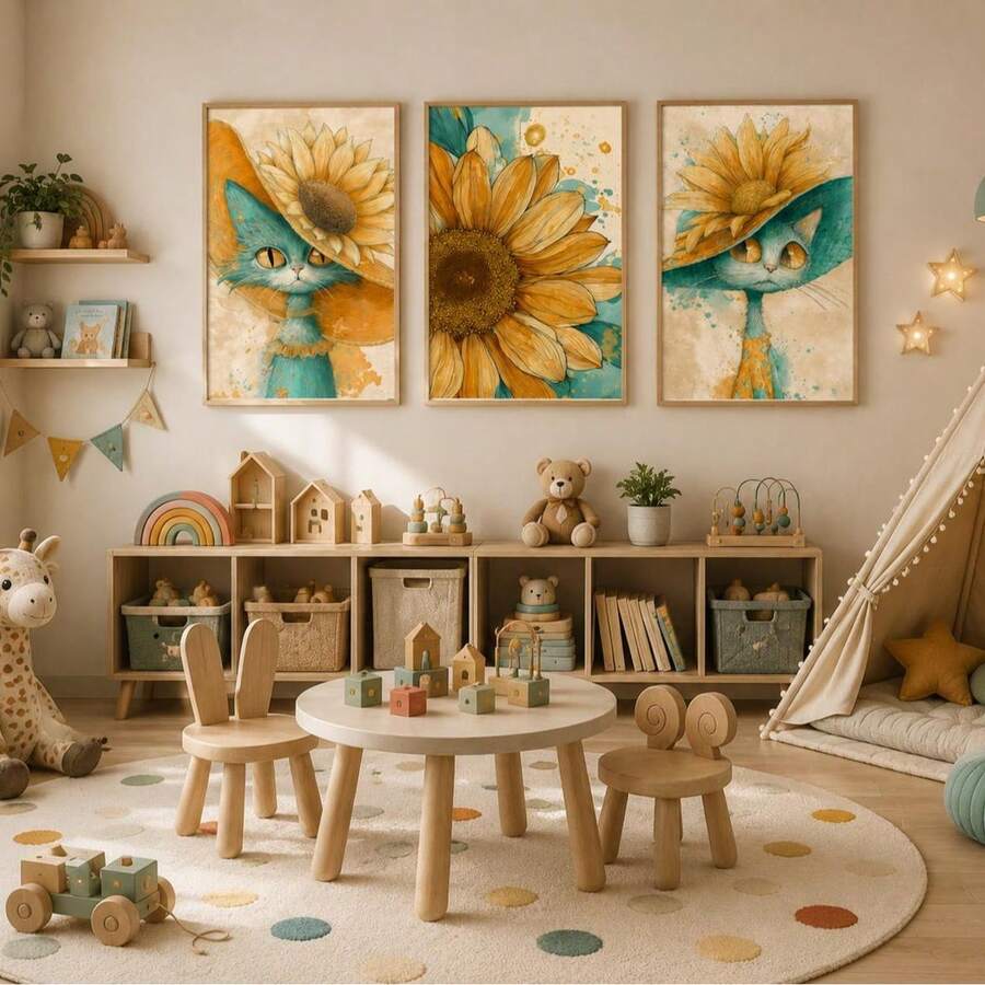 Set Of 3 Teal Cat Sunflower Vintage Watercolor Canvas Poster