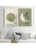 Elevate your home decor with this set of 2 retro moon and leaf canvas prints. Featuring a creamy white and sage green color palette, these elegant art pieces are sure to add a touch of sophistication to any room. Perfect for lovers of vintage-inspired decor.