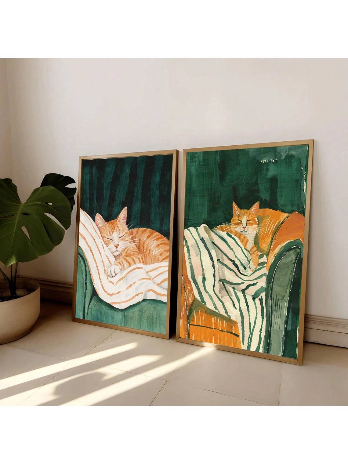 Enhance your modern home decor with this set of two unframed dark green minimalist cat art posters. These eye-catching posters are perfect for adding a touch of sophistication and style to any room. Made with high-quality materials, these posters will elevate the look of your home while showcasing your love for cats.