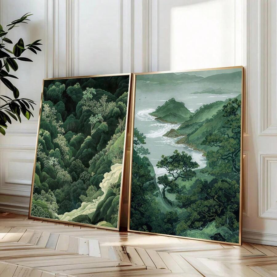 Bring serene Japanese aesthetics into your space with this elegant set of two minimalist zen art prints. Featuring a calming green forest scene and a tranquil mountain landscape, these unframed prints embody the simplicity and balance of traditional Japanese design.