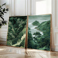 Bring serene Japanese aesthetics into your space with this elegant set of two minimalist zen art prints. Featuring a calming green forest scene and a tranquil mountain landscape, these unframed prints embody the simplicity and balance of traditional Japanese design.