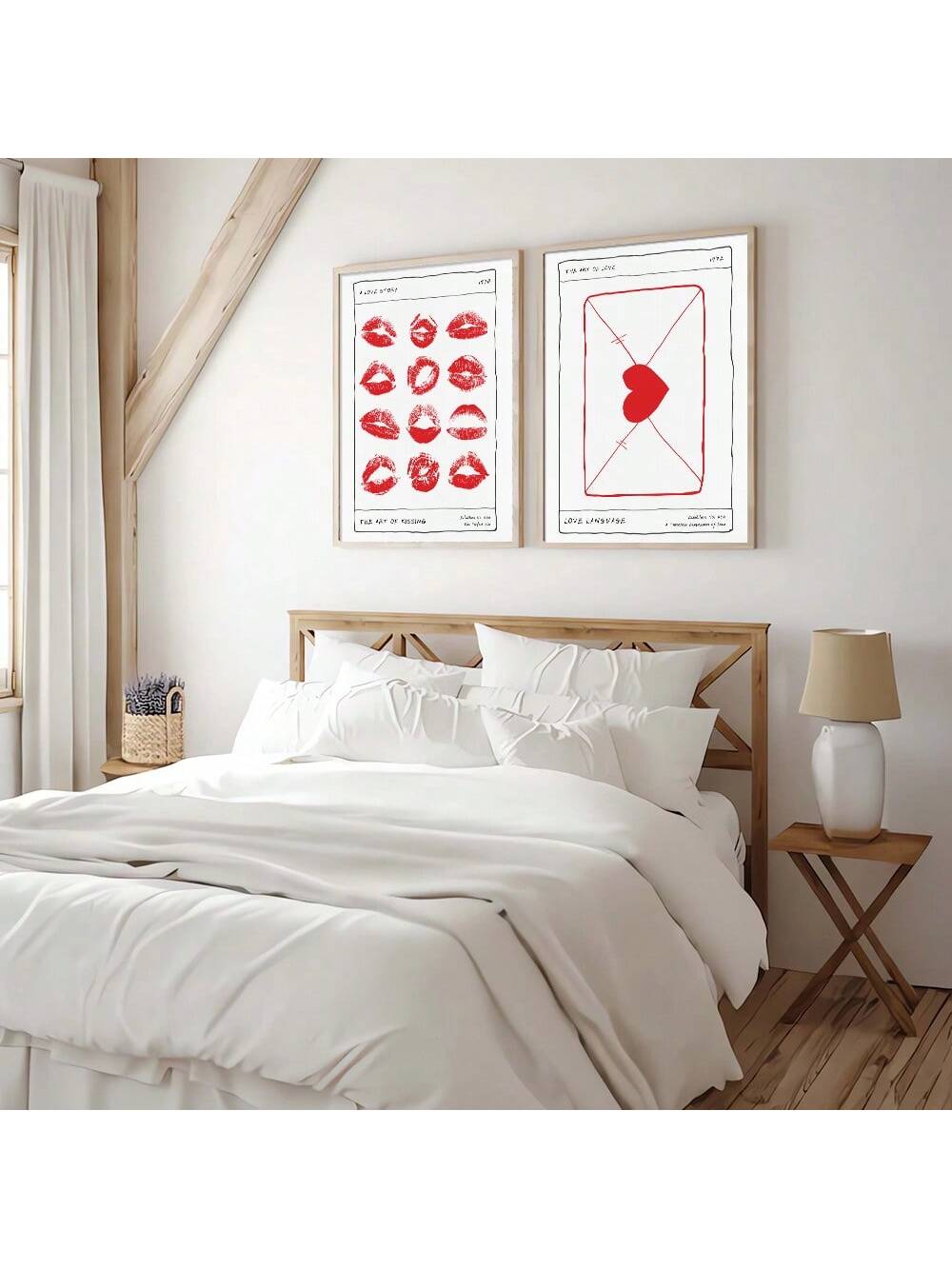 Upgrade your home decor with this elegant Set of 2 Unframed Romantic Love Letter &amp; Kissing Lips Posters. Made with high-quality canvas, these aesthetic pieces add warmth and intimacy to any room. Perfect for any romantic at heart, this set makes for a perfect gift or a beautiful addition to your cozy home.