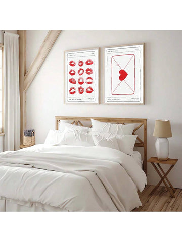 Upgrade your home decor with this elegant Set of 2 Unframed Romantic Love Letter &amp; Kissing Lips Posters. Made with high-quality canvas, these aesthetic pieces add warmth and intimacy to any room. Perfect for any romantic at heart, this set makes for a perfect gift or a beautiful addition to your cozy home.