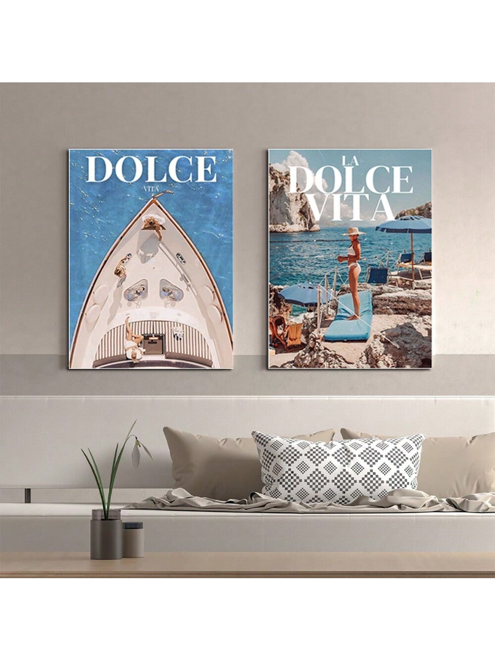 Introduce a touch of vintage to your living room or bedroom with this set of 2 ocean-inspired canvas prints. Featuring a summer yacht with a surfing girl against an ocean blue background, this wall art decor adds a stylish and calming ambiance to your space. Perfect for beach lovers and those who appreciate retro aesthetics.
