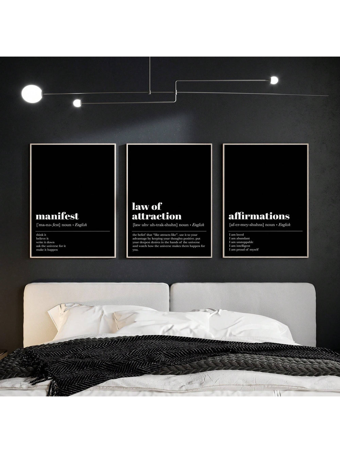Elevate your home decor with this set of 3 black motivational canvas prints. Each print features powerful law of attraction affirmations to inspire positivity and success in your daily life. Perfect for any room, these stylish prints will fill your space with a professional and informative energy.
