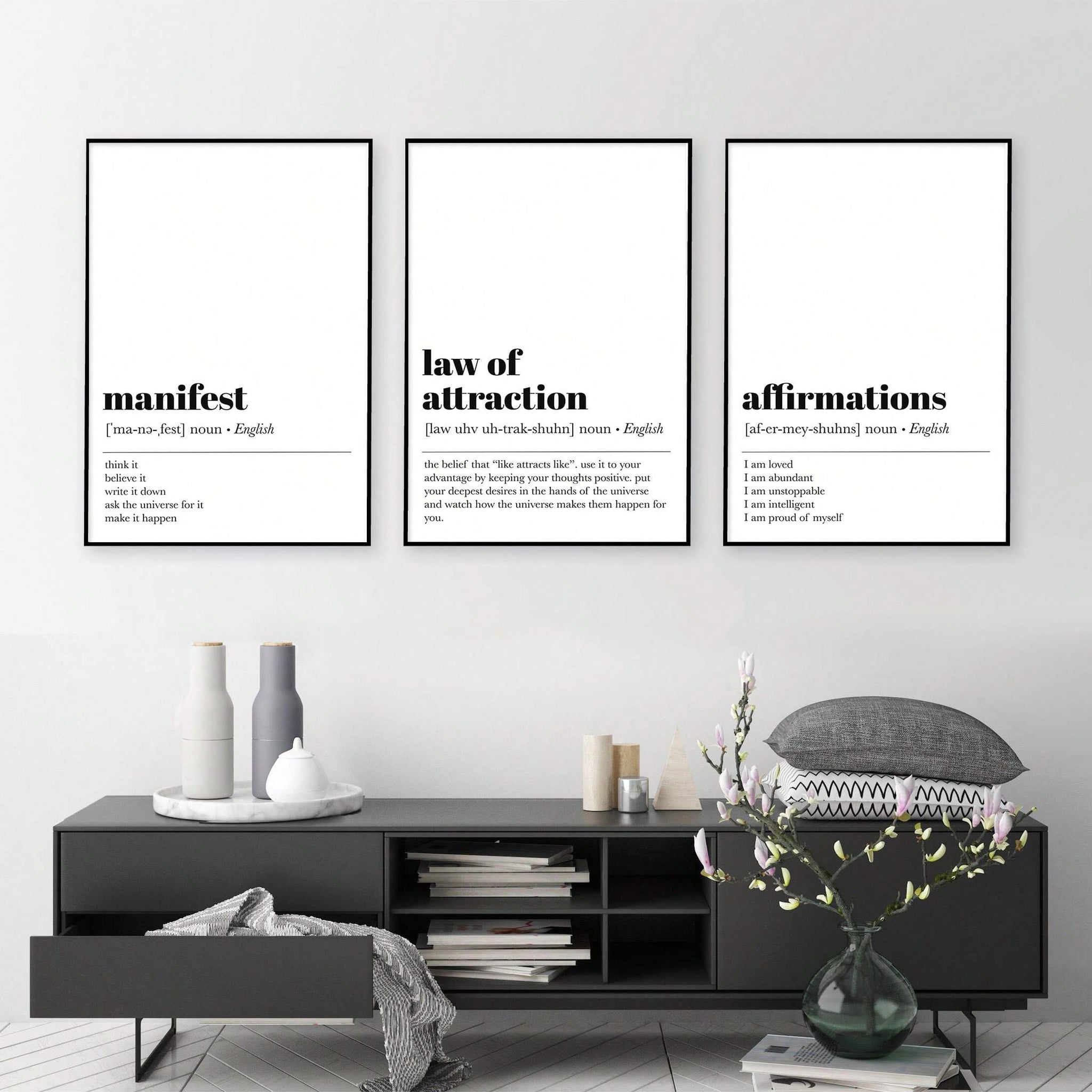 Elevate your living space with this set of 3 inspirational white canvas wall art pieces, each featuring carefully crafted positive affirmations. Designed to motivate and uplift, these canvases blend minimalist aesthetics with meaningful messages, making them ideal for creating a focused and encouraging environment at home or in the office. Durable and easy to hang, they offer a sophisticated way to inspire daily confidence and positivity.