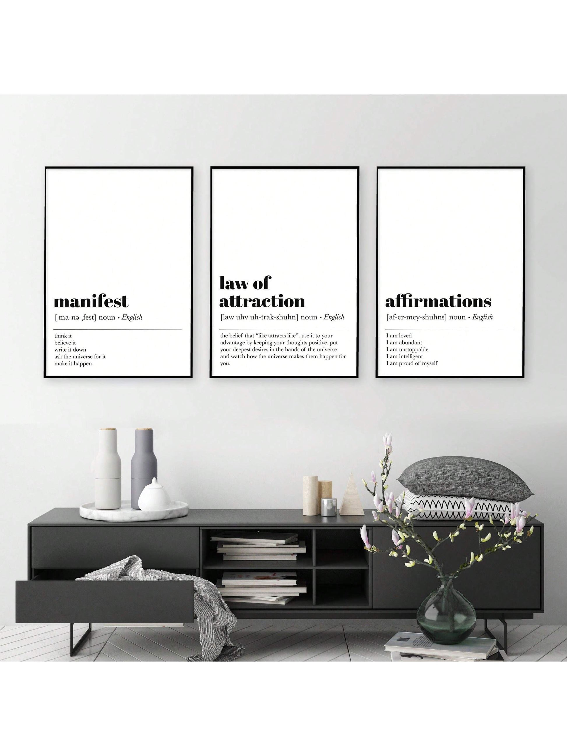Elevate your living space with this set of 3 inspirational white canvas wall art pieces, each featuring carefully crafted positive affirmations. Designed to motivate and uplift, these canvases blend minimalist aesthetics with meaningful messages, making them ideal for creating a focused and encouraging environment at home or in the office. Durable and easy to hang, they offer a sophisticated way to inspire daily confidence and positivity.