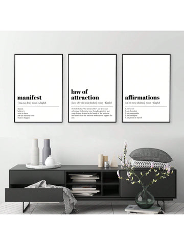 Elevate your living space with this set of 3 inspirational white canvas wall art pieces, each featuring carefully crafted positive affirmations. Designed to motivate and uplift, these canvases blend minimalist aesthetics with meaningful messages, making them ideal for creating a focused and encouraging environment at home or in the office. Durable and easy to hang, they offer a sophisticated way to inspire daily confidence and positivity.