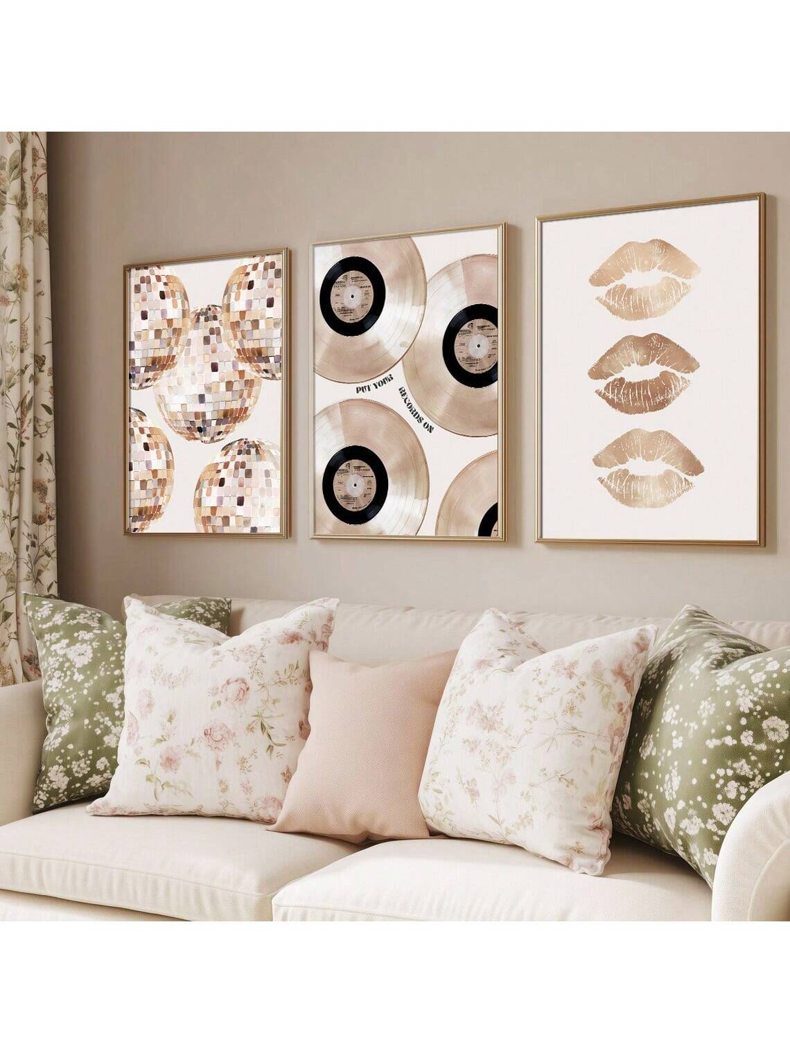Elevate your living space with this set of three unframed beige vinyl record and lips wall art prints. Featuring a funky 70s minimalist design, these canvas posters bring a retro yet modern vibe to any room. Their neutral tones blend seamlessly with diverse decor styles, making them a versatile choice for contemporary home interiors. Perfect for music lovers and art enthusiasts seeking subtle, stylish accents.