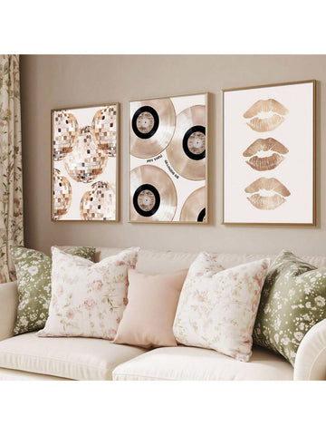 Elevate your living space with this set of three unframed beige vinyl record and lips wall art prints. Featuring a funky 70s minimalist design, these canvas posters bring a retro yet modern vibe to any room. Their neutral tones blend seamlessly with diverse decor styles, making them a versatile choice for contemporary home interiors. Perfect for music lovers and art enthusiasts seeking subtle, stylish accents.