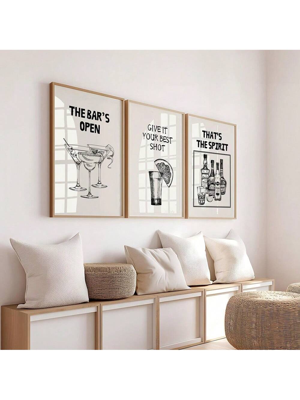 Elevate your home bar aesthetic with this curated collection of three minimalist art prints celebrating timeless cocktail culture. Each unframed piece features sophisticated black line work depicting retro tequila and wine imagery, perfect for creating a gallery-style display above your bar cart or beverage station.