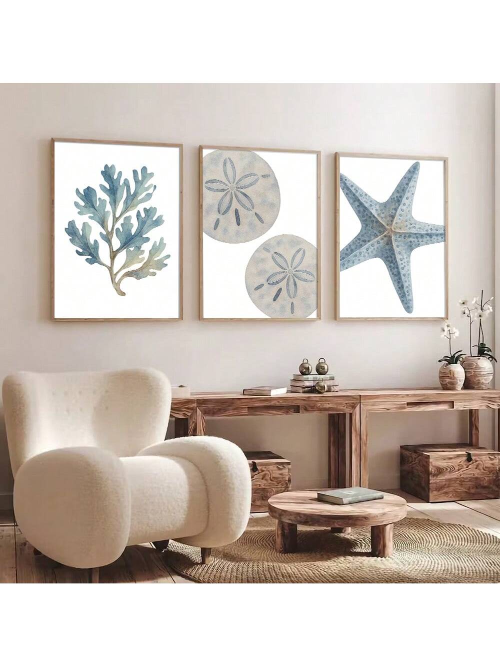 Enhance your living space with this set of three unframed blue coastal ocean wall art prints. Featuring marine life themes, these prints bring a serene and modern touch to any home. Their versatile design complements contemporary interiors, adding depth and tranquility inspired by the ocean. Perfect for creating a cohesive coastal ambiance without the need for framing, these prints offer an effortless way to elevate your décor.