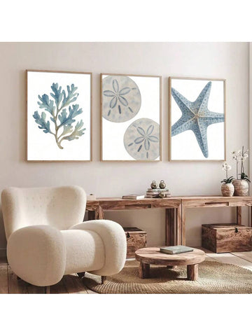 Enhance your living space with this set of three unframed blue coastal ocean wall art prints. Featuring marine life themes, these prints bring a serene and modern touch to any home. Their versatile design complements contemporary interiors, adding depth and tranquility inspired by the ocean. Perfect for creating a cohesive coastal ambiance without the need for framing, these prints offer an effortless way to elevate your décor.