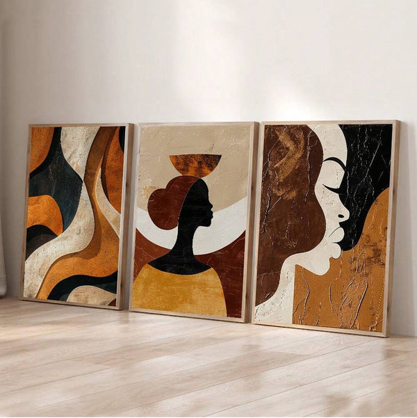 Vintage brown abstract geometric three piece canvas wall art set for Boho minimalist decor