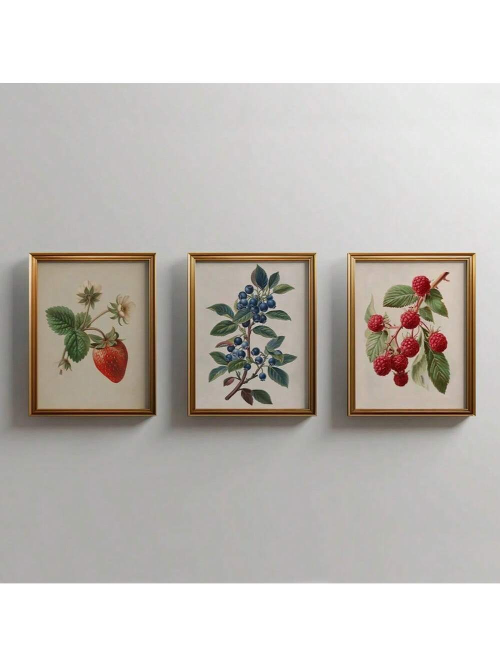Enhance your kitchen ambiance with this set of three unframed vintage fruit posters featuring rustic illustrations of strawberry, raspberry, and blueberry. These art prints bring a timeless charm and natural warmth to modern kitchen decor, perfect for creating an inviting and stylish culinary space. Their classic design complements a variety of interior styles while celebrating the beauty of fresh fruit.
