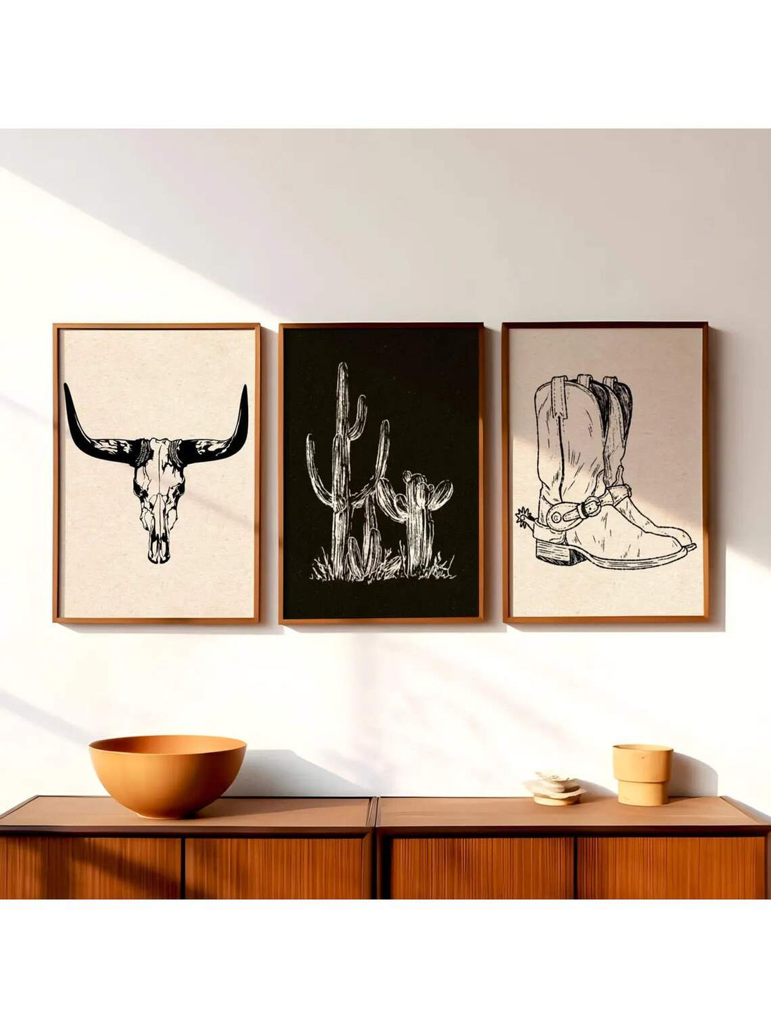 Capture the spirit of the American West with this set of three vintage-style Western cowboy travel posters. Perfect for adding a nostalgic and rugged charm to your home decor, these prints evoke classic cowboy imagery and timeless landscapes. Expertly designed to complement a variety of interior styles, they bring an authentic, aesthetic touch that celebrates Western heritage and adventure. Ideal for enthusiasts and collectors seeking distinctive wall art that combines history and style.