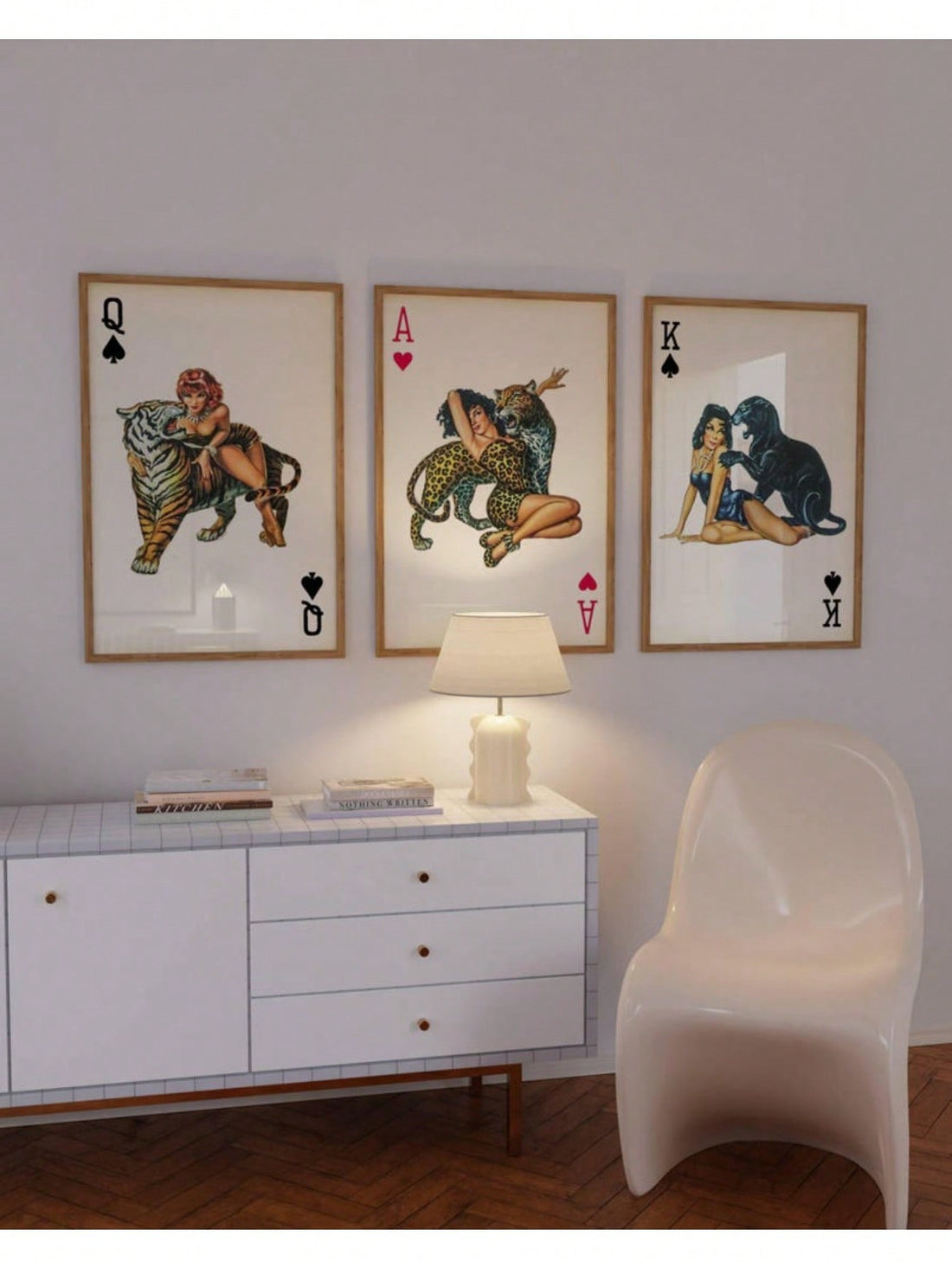 Transform your space with this captivating set of three Y2K vintage-inspired wall art pieces featuring bold ace of hearts motifs and retro animal prints. Each print captures the nostalgic aesthetic of early 2000s design, blending playful symbolism with contemporary appeal. 