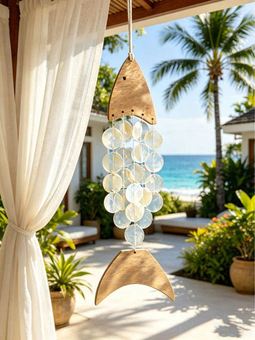 Hanging fish wind chime with wood fish head and tail translucent shell discs and white cord on sunny tropical patio by ocean