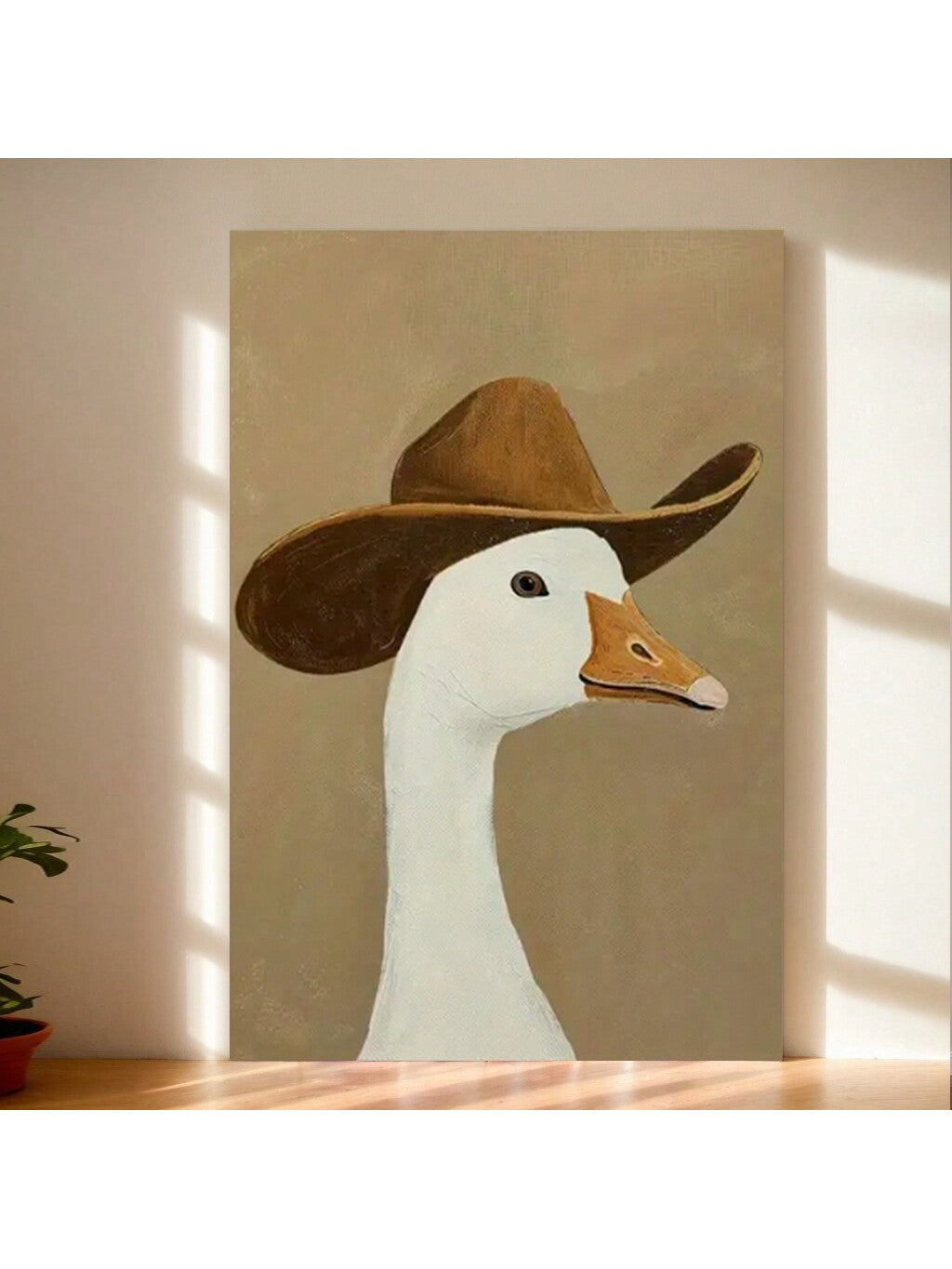 Enhance your home decor with this charming Silly Cowboy Goose Canvas Poster. This whimsical western wall art adds a touch of playfulness and humor to any room. Made with high-quality materials, it is a perfect addition to your living room, bedroom, or office. Brighten up your space with a dash of silliness!