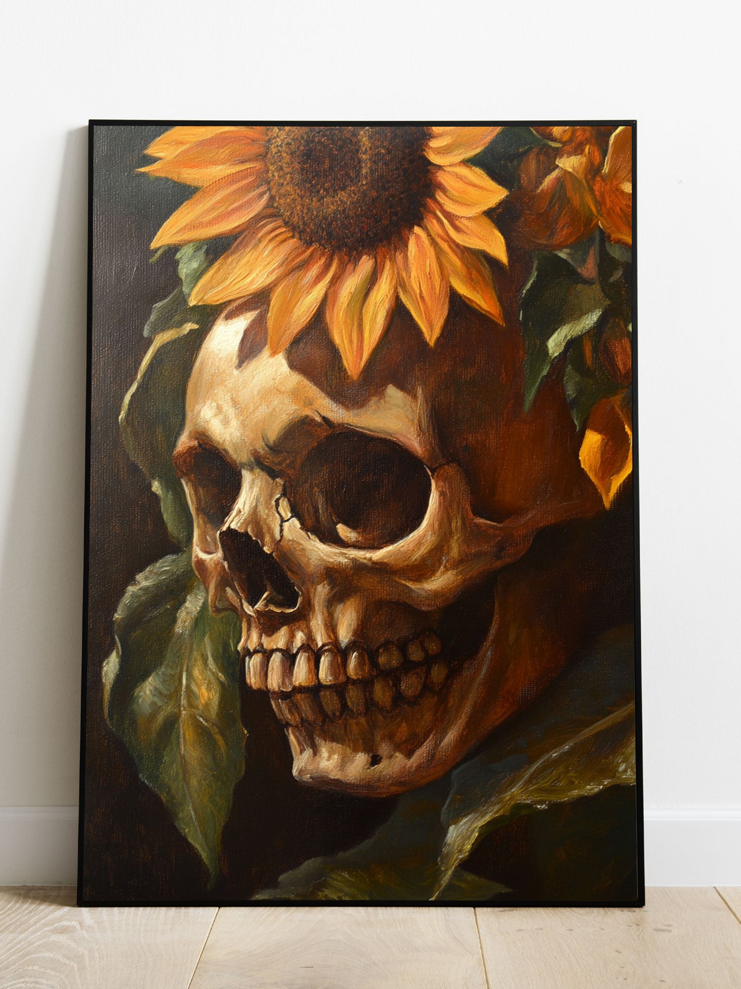 Unleash your dark side with the Skull And Sunflower Art Canvas. Perfectly suited for living rooms, sofa backdrops, and bedside decorations, this stunning poster adds a touch of edginess to any home decor. Made with premium quality materials, it comes without a frame for a sleek and modern look.