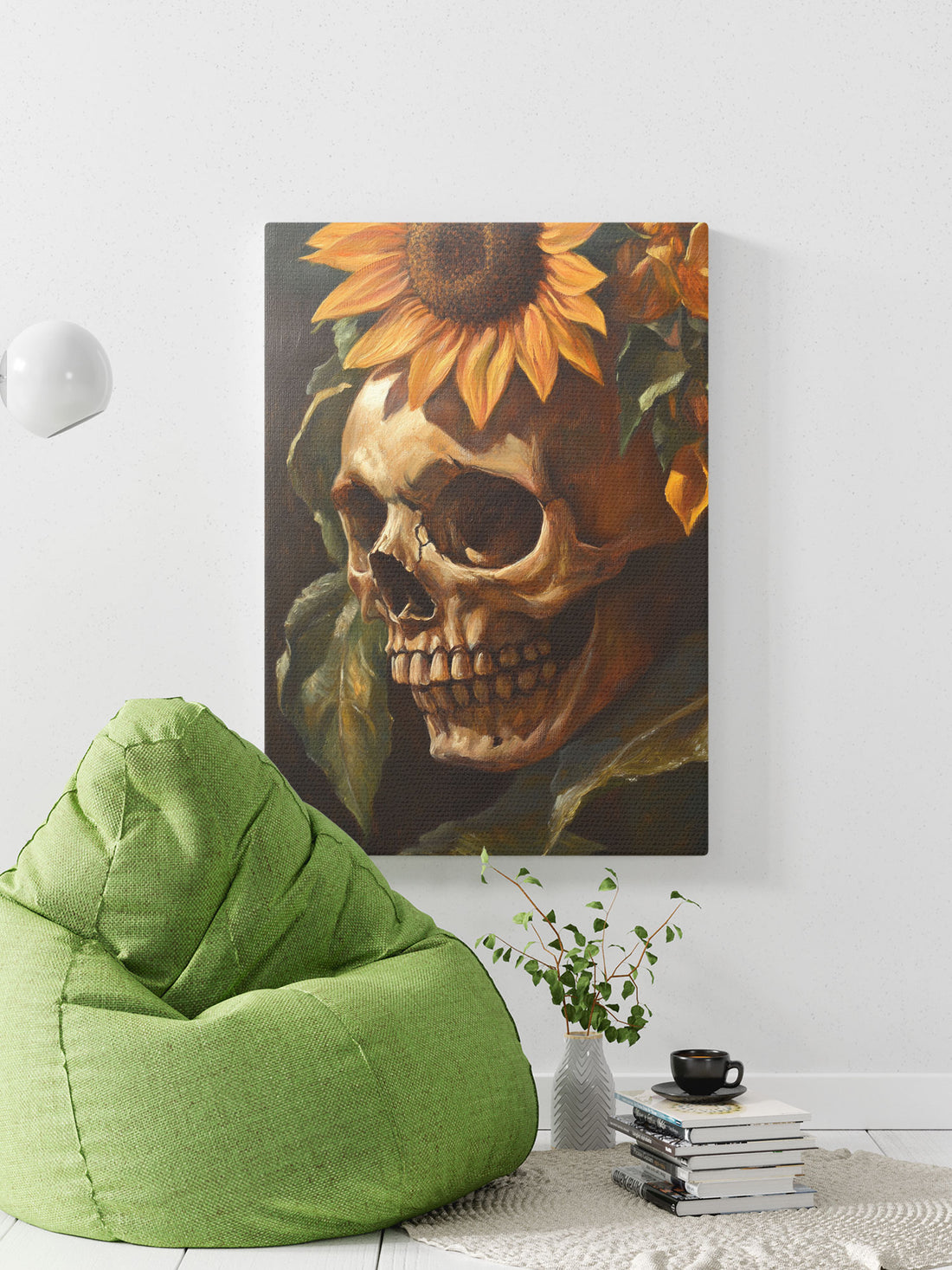 Unleash your dark side with the Skull And Sunflower Art Canvas. Perfectly suited for living rooms, sofa backdrops, and bedside decorations, this stunning poster adds a touch of edginess to any home decor. Made with premium quality materials, it comes without a frame for a sleek and modern look.