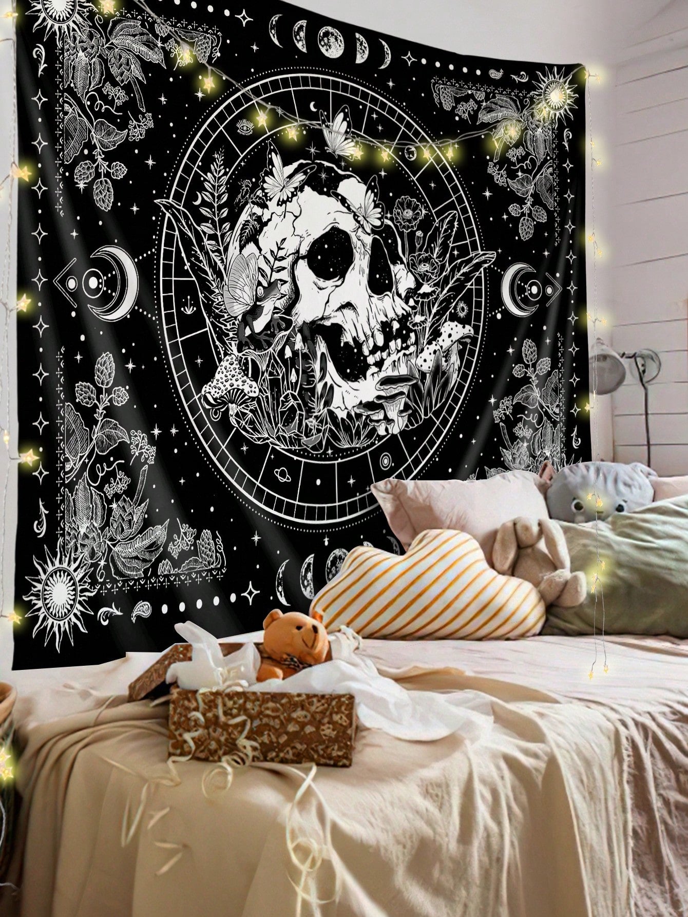 Add a touch of modern style to your living room or bedroom with our Skull Moon Square Tapestry. Made with high-quality materials, this tapestry features a unique and eye-catching skull moon design. Perfect for adding a bold statement to your home décor, this tapestry is sure to impress.