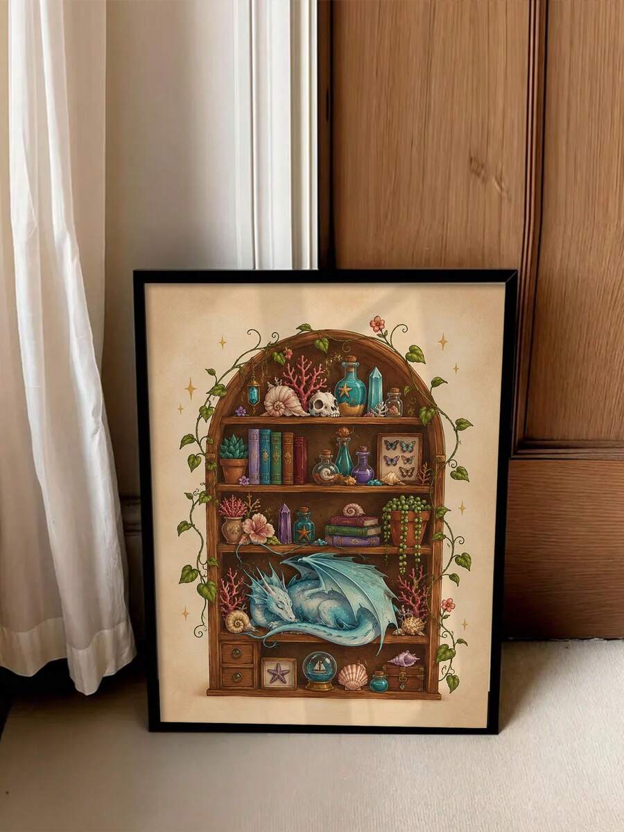 Black-framed sleeping blue dragon fantasy bookshelf print beside curtains