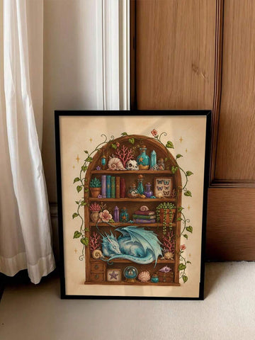 Black-framed sleeping blue dragon fantasy bookshelf print beside curtains