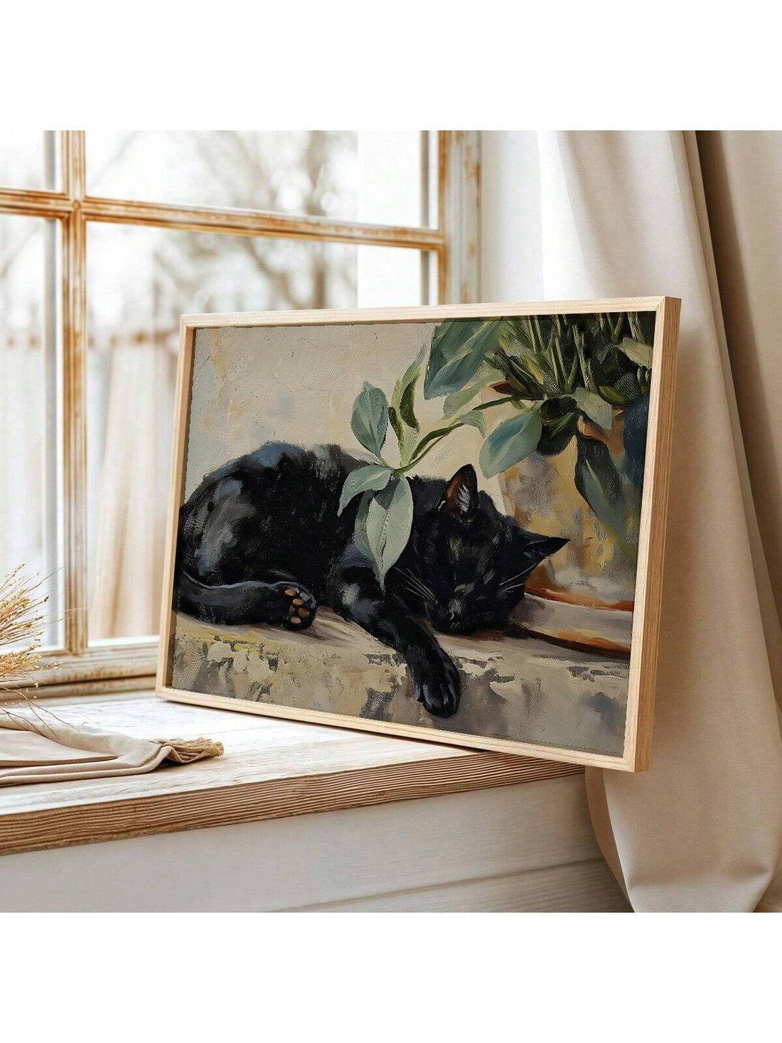 Elevate your living space with the Sleeping Cat Canvas Wall Art, featuring a serene black cat set against a rustic botanical backdrop. This piece blends natural elements with a minimalist design, making it ideal for bedrooms and living rooms seeking a calm, sophisticated atmosphere. Crafted to complement rustic and nature-inspired interiors, it adds subtle charm while enhancing your room’s tranquility.