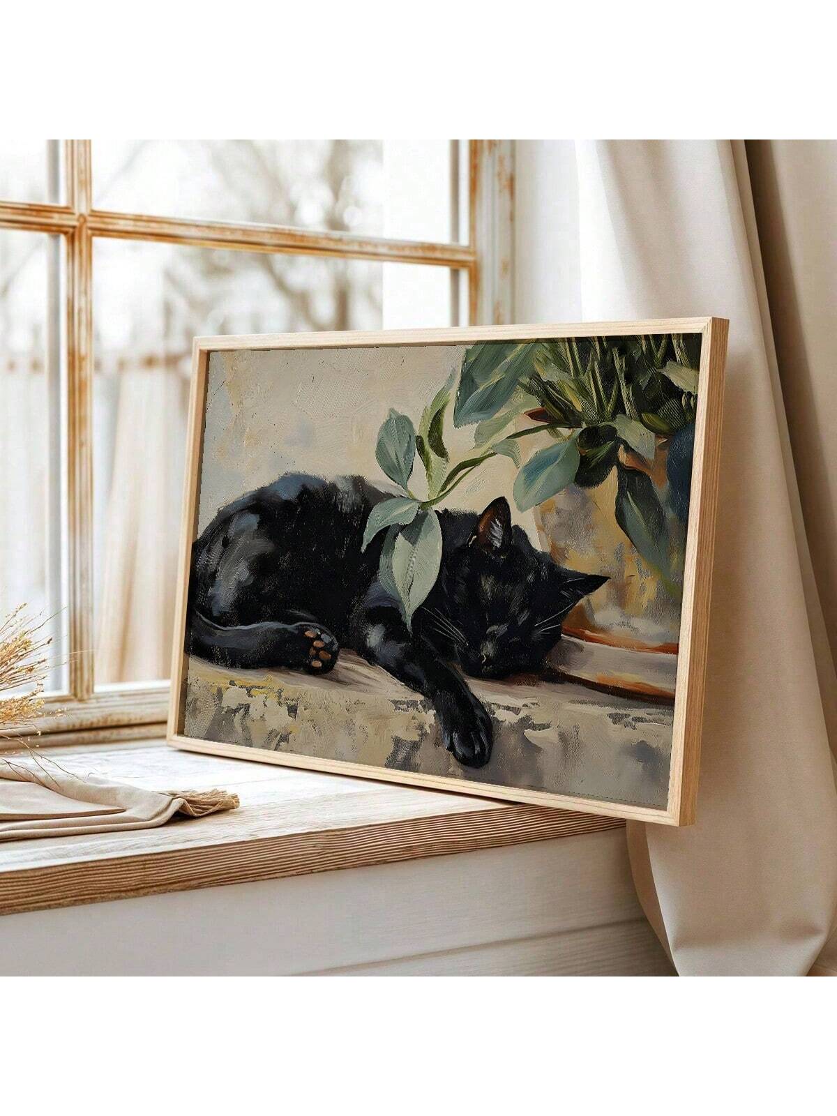 Elevate your living space with the Sleeping Cat Canvas Wall Art, featuring a serene black cat set against a rustic botanical backdrop. This piece blends natural elements with a minimalist design, making it ideal for bedrooms and living rooms seeking a calm, sophisticated atmosphere. Crafted to complement rustic and nature-inspired interiors, it adds subtle charm while enhancing your room’s tranquility.