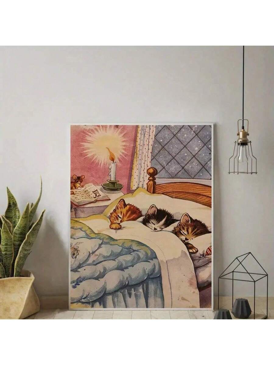 Storybook sleeping kittens canvas print in cozy bed by candlelit window