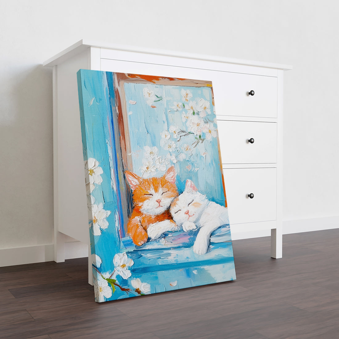 Transform your space with this captivating canvas wall art featuring serene sleeping cats rendered in rich oil painting style. The tranquil composition showcases feline subjects nestled against a soothing blue floral background, creating a harmonious blend of nature and comfort. Perfect for living rooms, bedrooms, or above sofas, this piece adds warmth and personality to any interior.