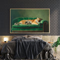 Capture the essence of untamed beauty with this striking canvas wall art featuring a majestic tiger in peaceful slumber against a luxurious green velvet sofa backdrop. This modern wildlife photography print seamlessly blends nature's raw elegance with contemporary interior design, making it an ideal focal point for living rooms, bedrooms, or any space craving sophisticated visual interest.