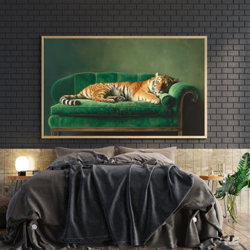 Capture the essence of untamed beauty with this striking canvas wall art featuring a majestic tiger in peaceful slumber against a luxurious green velvet sofa backdrop. This modern wildlife photography print seamlessly blends nature's raw elegance with contemporary interior design, making it an ideal focal point for living rooms, bedrooms, or any space craving sophisticated visual interest.