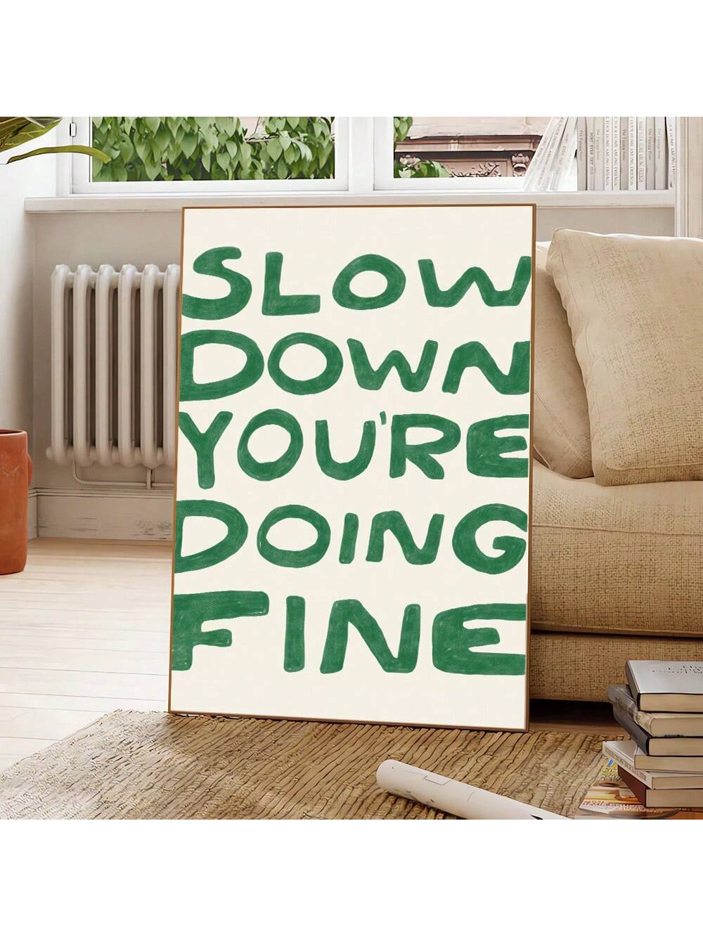 This inspirational canvas art, featuring the phrase "Slow Down, You're Doing Fine," serves as a reminder to take a moment and breathe in the midst of a hectic day. With its modern typography and sleek design, it adds a touch of motivation and style to any home decor.