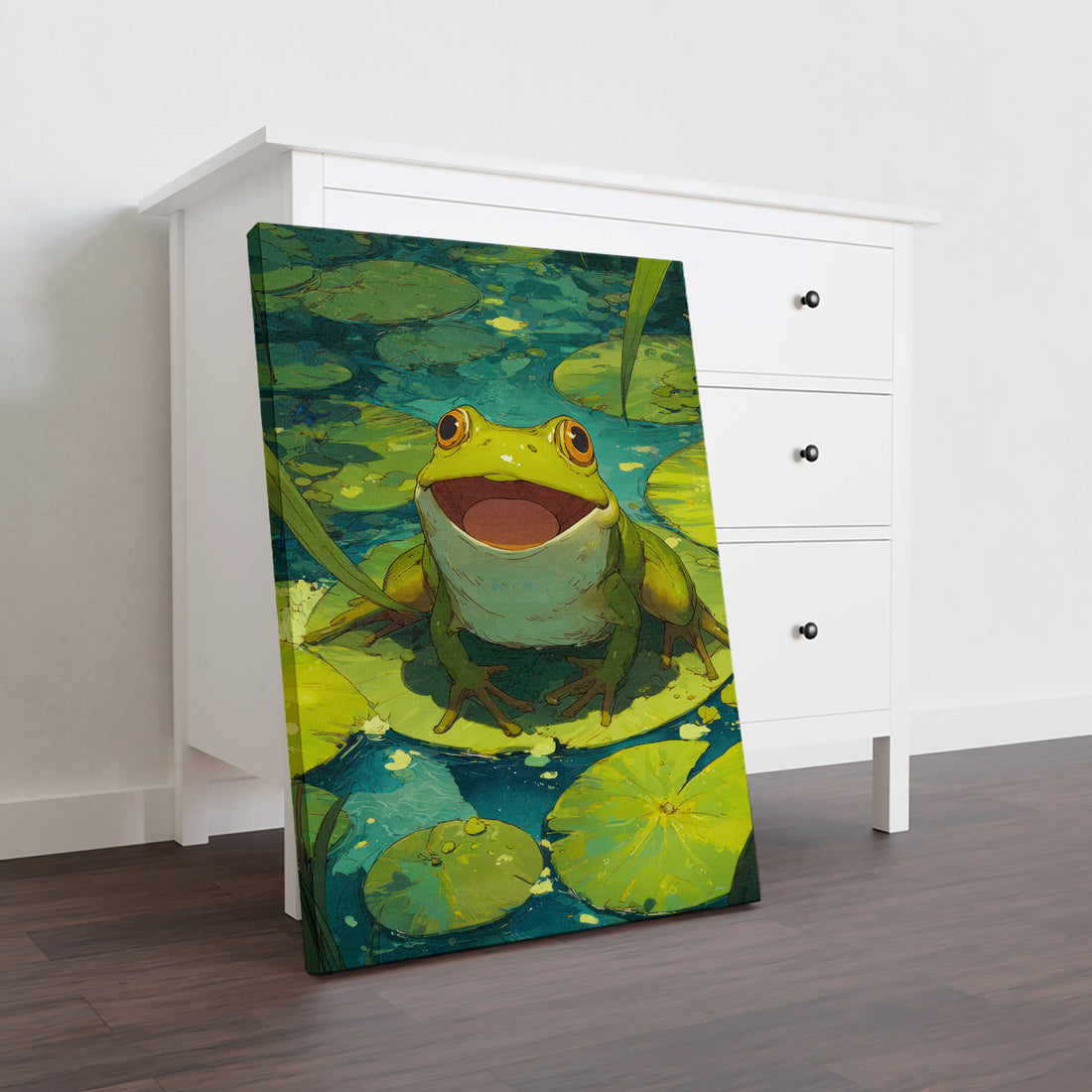 Bring a touch of nature’s charm to your living space with this Smiling Frog on Lily Pad canvas print. Expertly crafted, this artwork captures a joyful frog resting on a lily pad, adding a serene and uplifting vibe to your living room, sofa backdrop, or bedside area. Its vibrant colors and detailed design make it a refined choice for enhancing home decor with a subtle yet captivating natural theme.