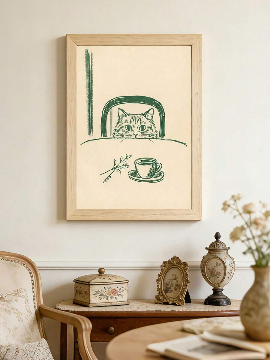 Vintage sneaky cat kitchen canvas poster framed in a classic living room