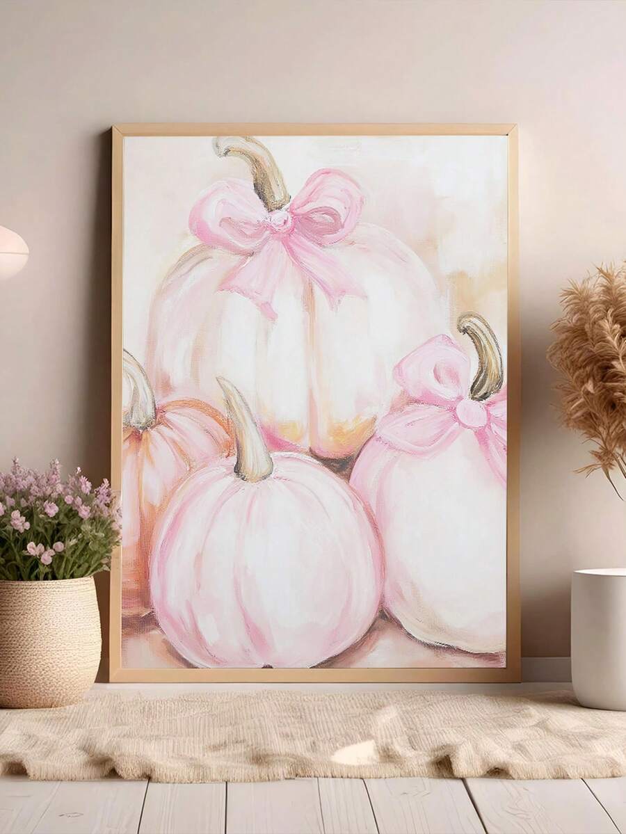 Pink bow pumpkin framed wall art
