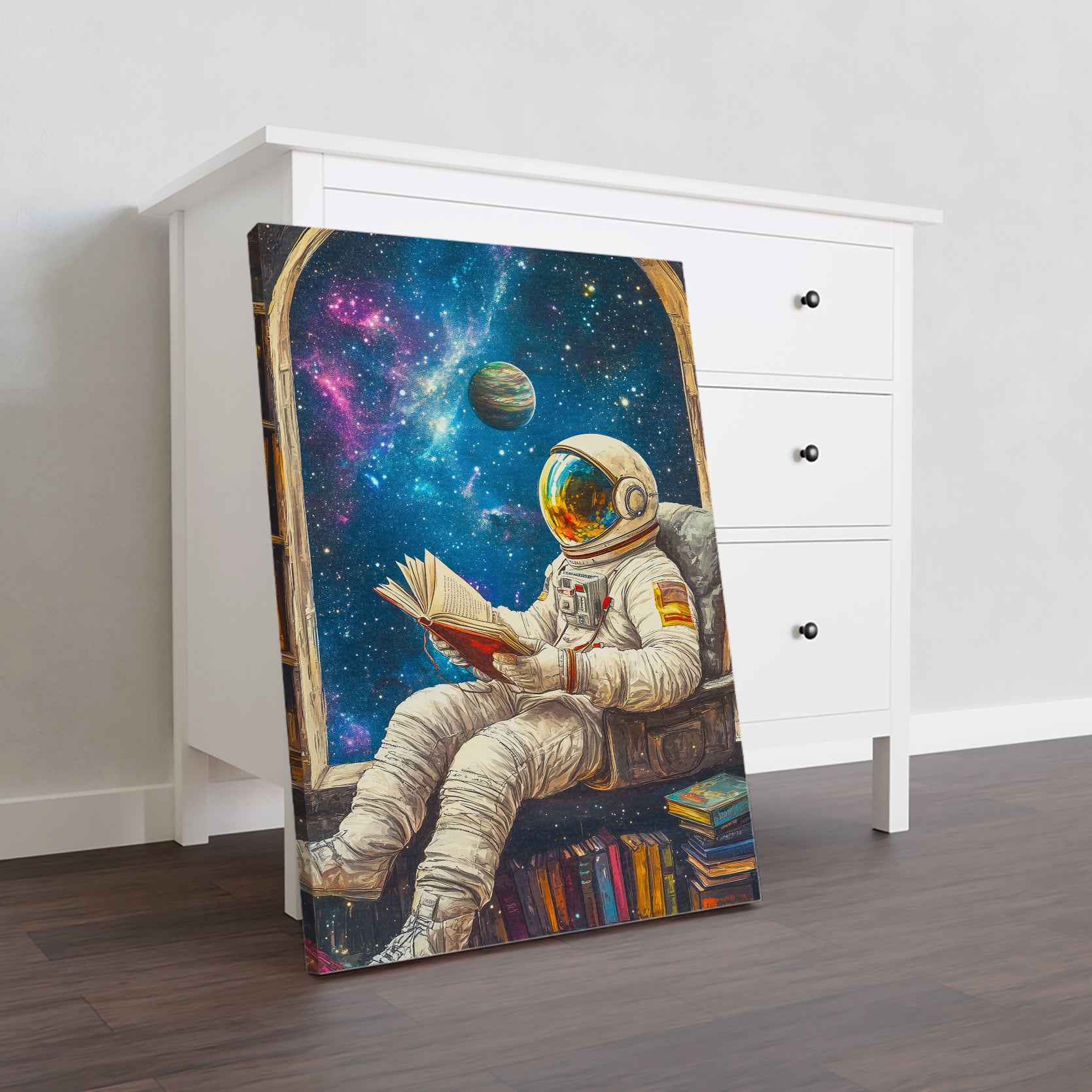 Add a touch of wonder to your home with our Space Astronaut Reading Canvas Wall Art. Featuring a captivating galaxy library design, this piece will elevate any living room, sofa backdrop, or bedside decoration. Let your imagination take flight as you ponder the possibilities of the universe.