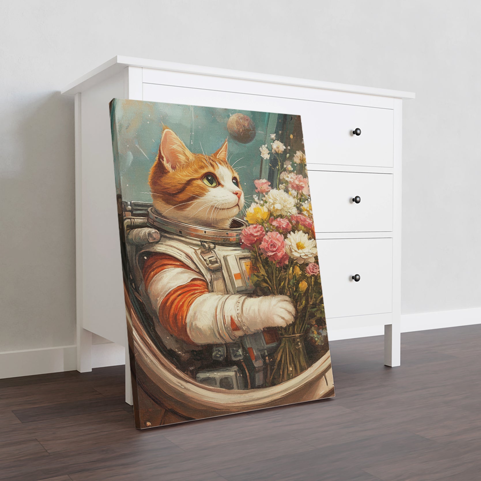 Intergalactic feline dreams come to life with our Space Cat Astronaut Wall Art Canvas. This whimsical orange cat, adorned with delicate flowers, will add a touch of charm to your living room, sofa backdrop, or bedside. Elevate your home decor with this unique and playful piece.