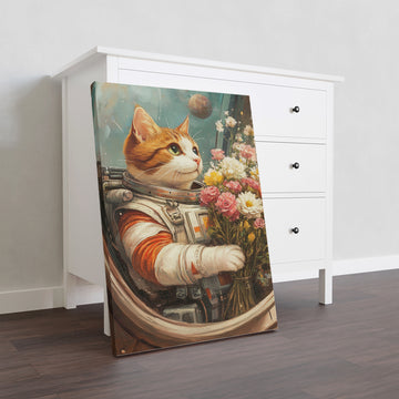 Intergalactic feline dreams come to life with our Space Cat Astronaut Wall Art Canvas. This whimsical orange cat, adorned with delicate flowers, will add a touch of charm to your living room, sofa backdrop, or bedside. Elevate your home decor with this unique and playful piece.