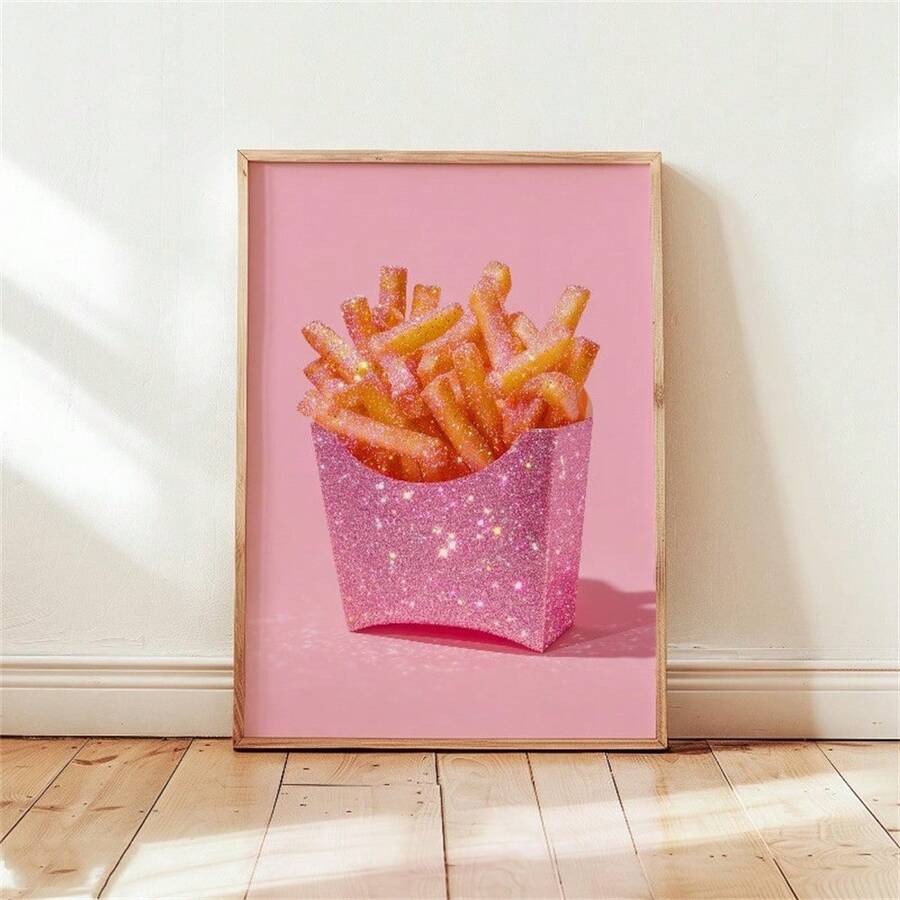 Sparkling French Fries Pink Pop Art Canvas poster with vibrant color and playful style. Perfect for kitchens, cafés, bedrooms, dorms, and fun decor.