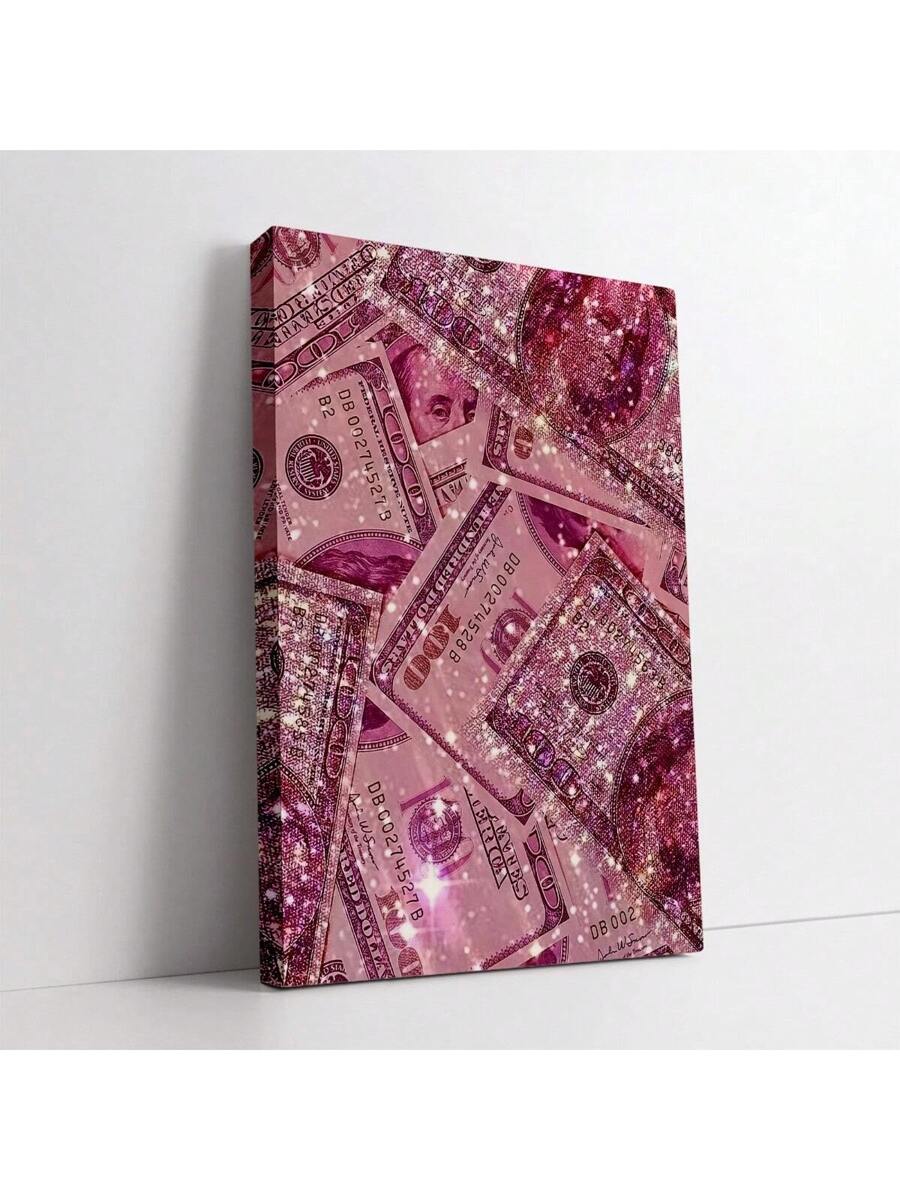 Pink glitter money canvas art with sparkling bill print